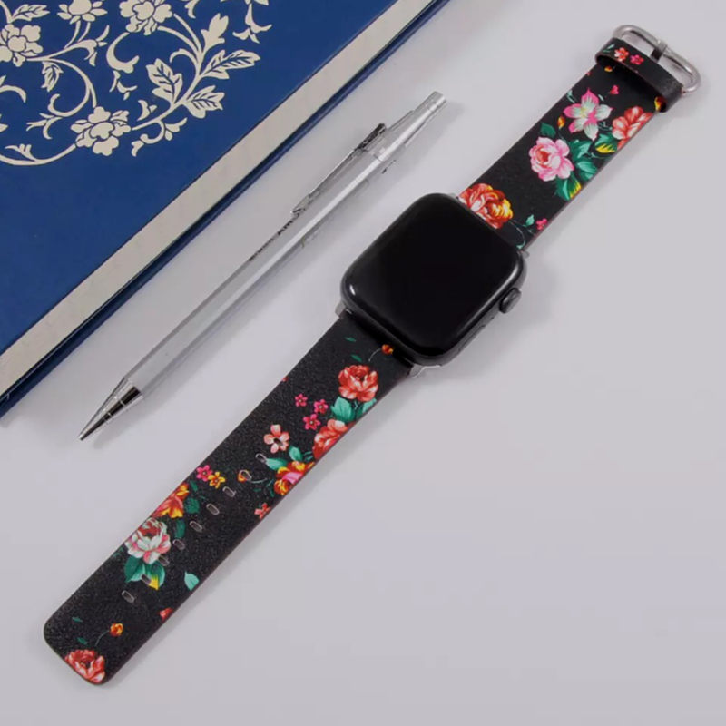 Another View of Black and Red Rose Flower Print Leather Band for Apple Watch.
