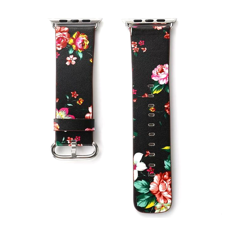 Black and Red Rose Flower Print Leather Band for Apple Watch - Flat View.
