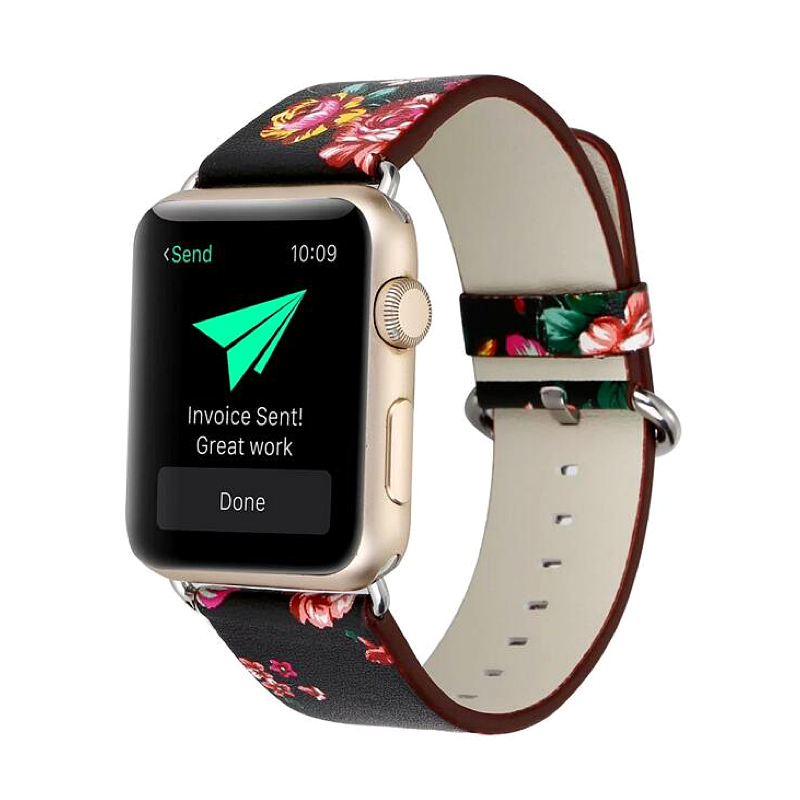 Black and Red Rose Flower Print Leather Band for Apple Watch - Front View.