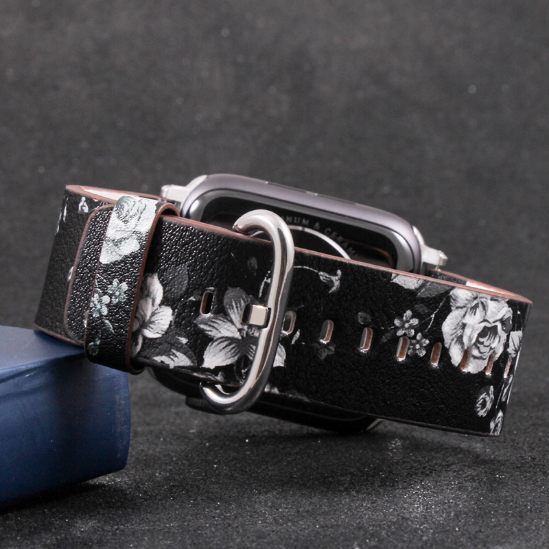 Closeup View of Black and White Rose Flower Print Leather Band for Apple Watch.