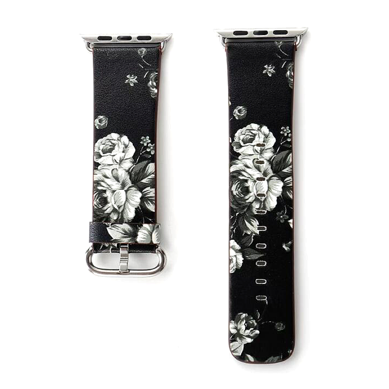 Black and White Rose Flower Print Leather Band for Apple Watch - Flat View.