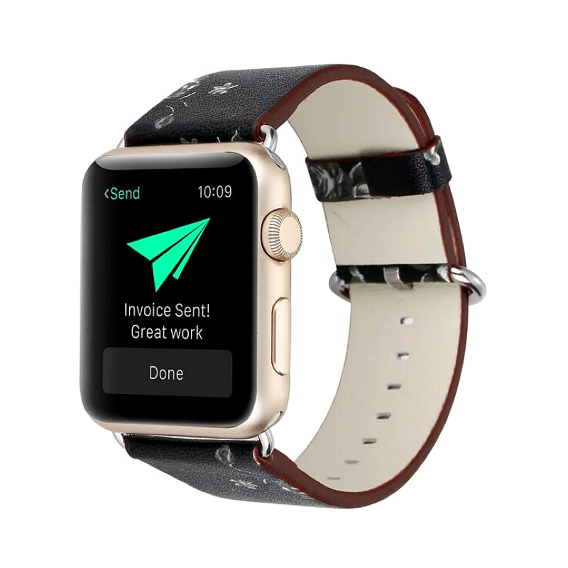 Black and White Rose Flower Print Leather Band for Apple Watch - Front View.