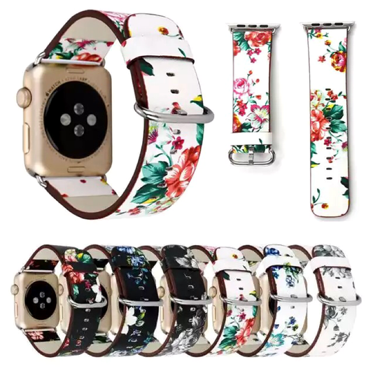 Group View of Rose Flower Print Leather Apple Watch Bands in Various Colors.