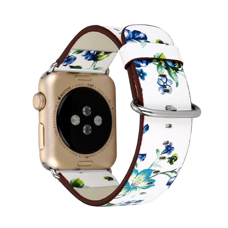 White and Blue Rose Flower Print Leather Band for Apple Watch.