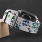 Closeup View of White and Blue Rose Flower Print Leather Band for Apple Watch.