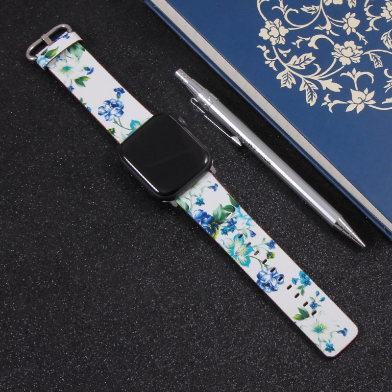 Another View of Blue and White Rose Print Leather Band for Apple Watch.