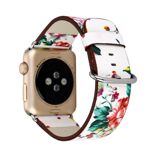 Red and White Rose Flower Print Leather Band for Apple Watch.
