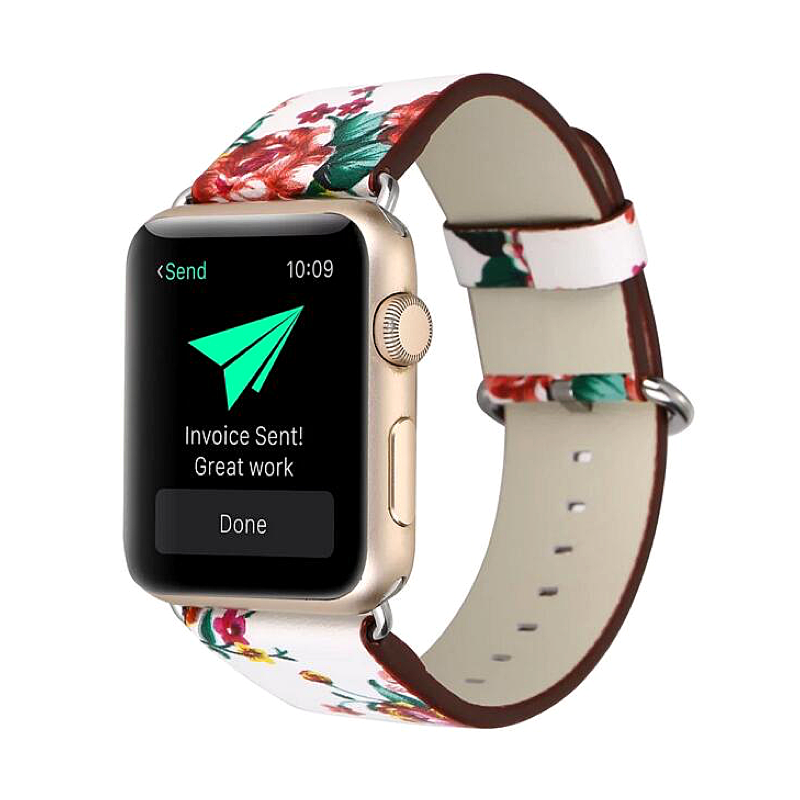 Red and White Rose Flower Print Leather Band for Apple Watch - Front View.