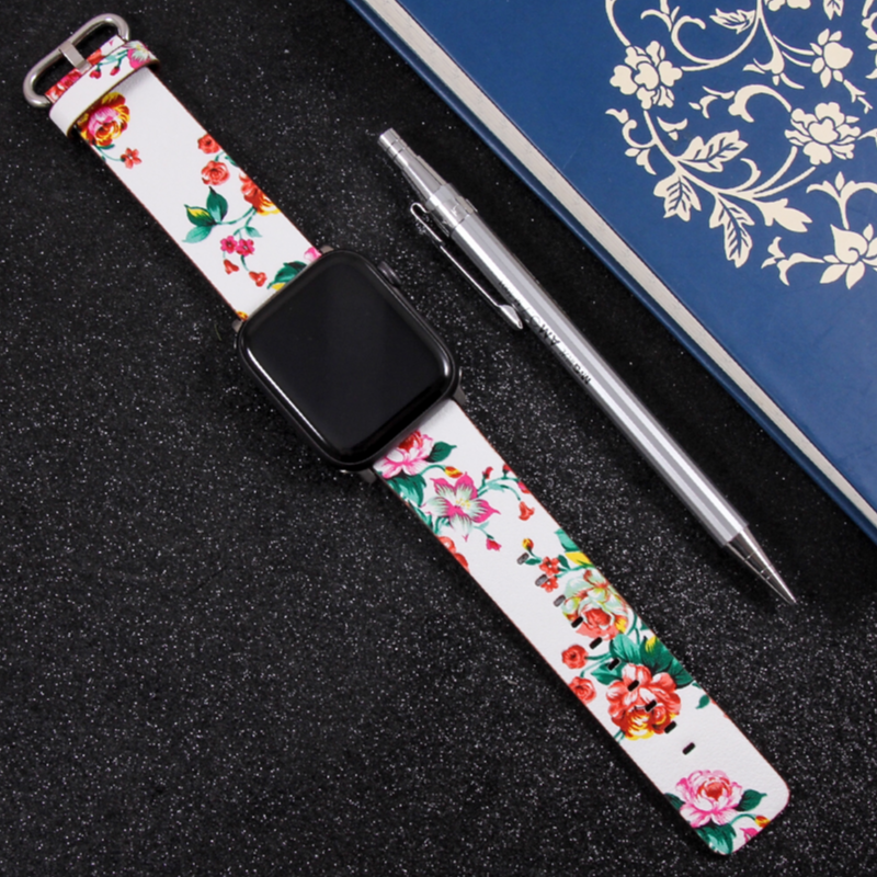Another View of Red and White Rose Flower Print Leather Band for Apple Watch.