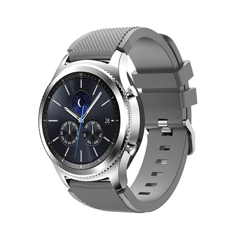 Graphite Gray Rugged Silicone Sport Universal Watch Band on Samsung Gear S3 Classic Watch.