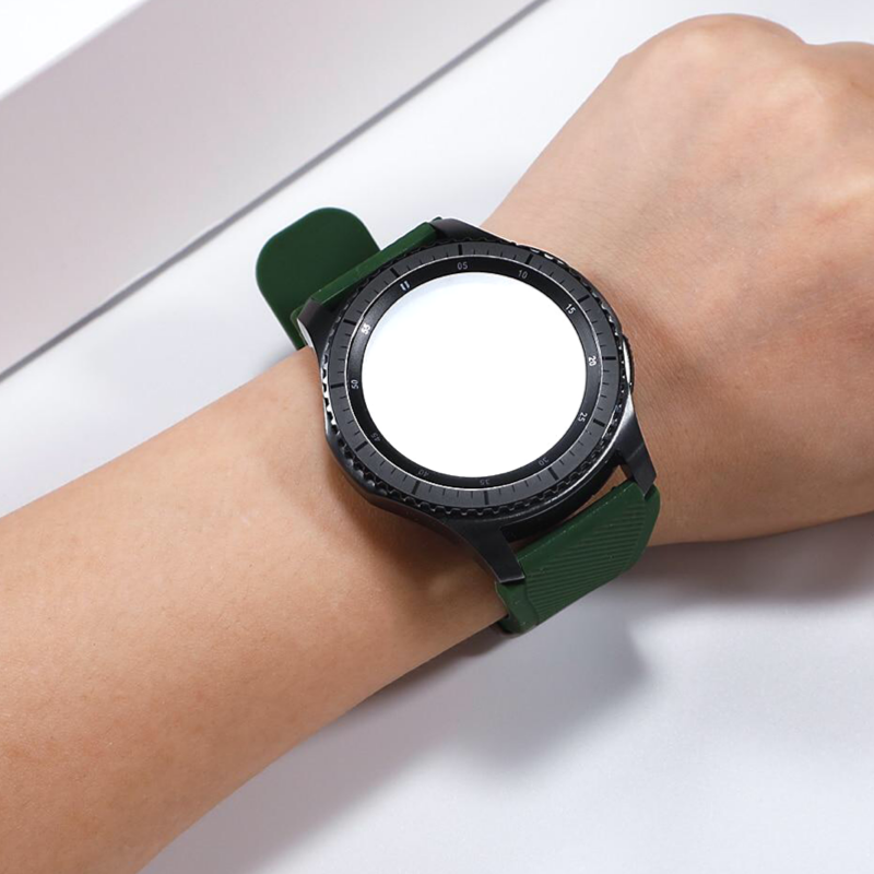 Closeup of Model's Wrist, Wearing a Samsung Gear S3 Frontier with a Forest Green Rugged Silicone Sport Universal Watch Band.