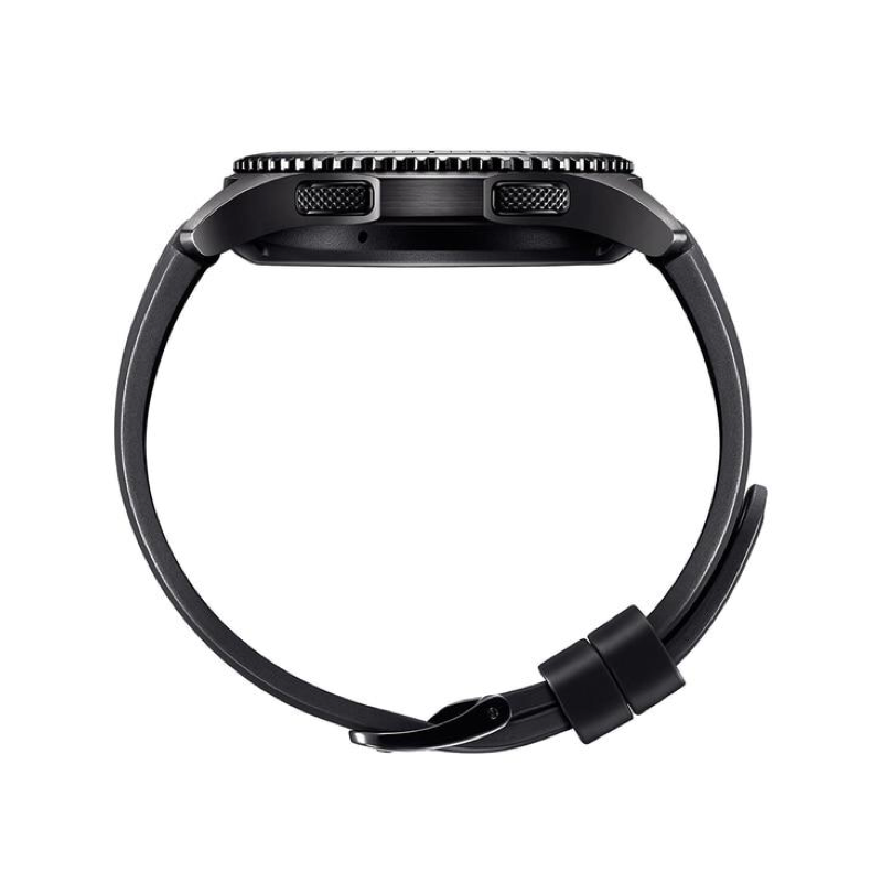 Side View of a Black Rugged Silicone Sport Universal Watch Band on Samsung Gear S3 Classic Watch.