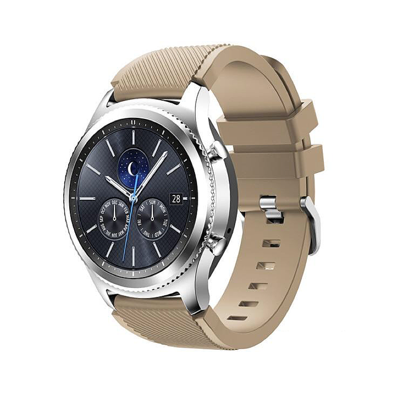 Taupe Tan Rugged Silicone Sport Universal Watch Band on Samsung Gear S3 Classic Watch.