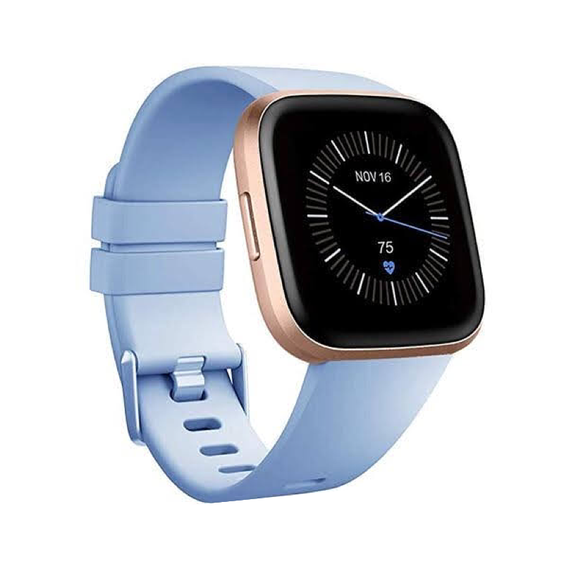 Fitbit Versa with a Powder Blue Silicone Sport Band.