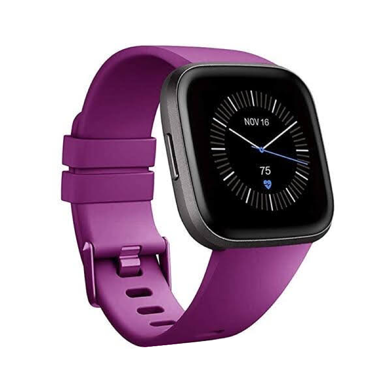 Fitbit Versa with a Purple Silicone Sport Band.