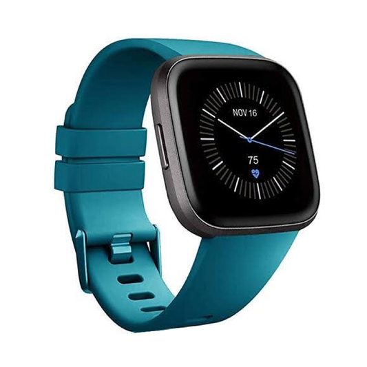 Fitbit Versa with a Teal Silicone Sport Band.