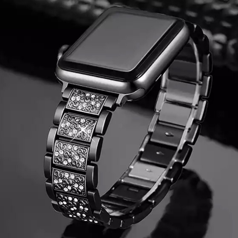 Display of an Apple Watch with a Black Vintage Style Diamond Link Bracelet Band.