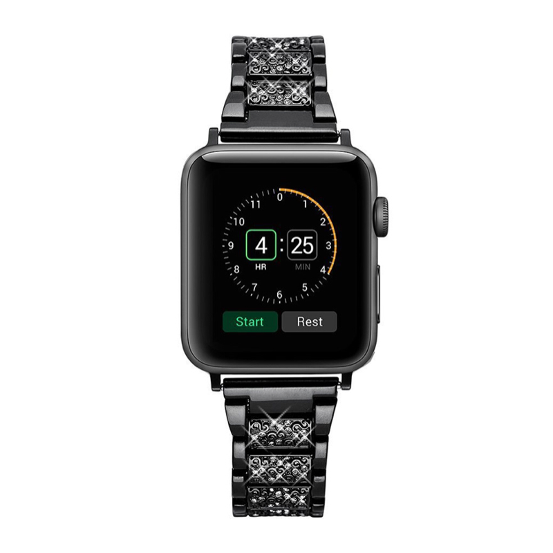 Black Vintage Style Diamond Link Bracelet Band for Apple Watch - Front View.