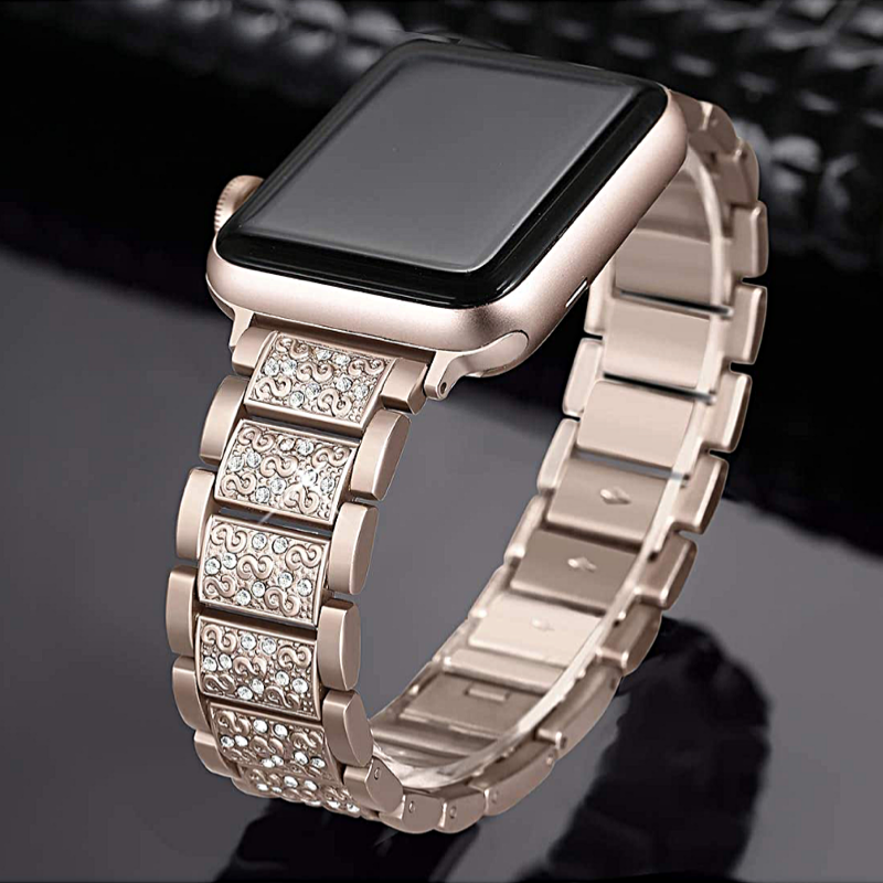 Apple Watch with Champagne Gold Vintage Style Diamond Link Bracelet Band on Display.
