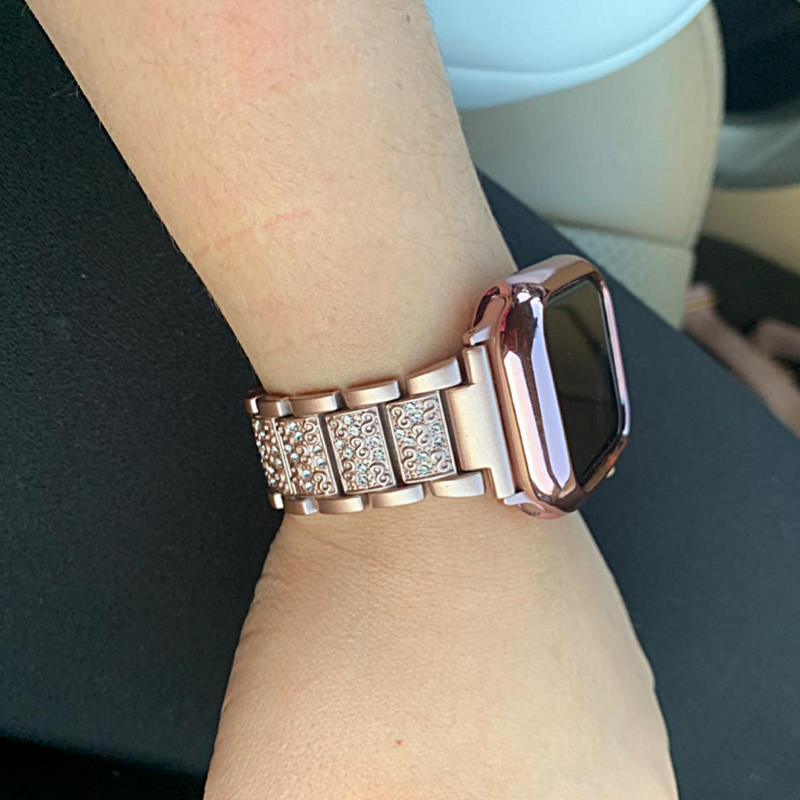 Closeup of Model’s Wrist, Wearing an Apple Watch with a Pink Vintage Style Diamond Link Bracelet Band.