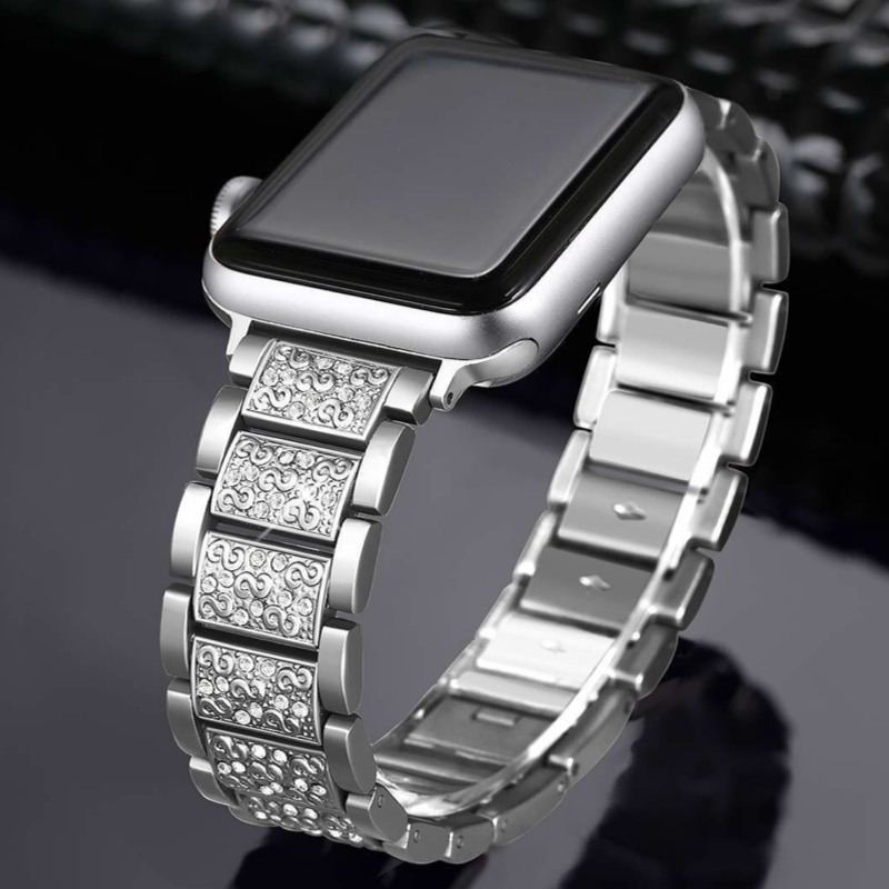 An Apple Watch with a Silver Vintage Style Diamond Link Bracelet Band on Display.