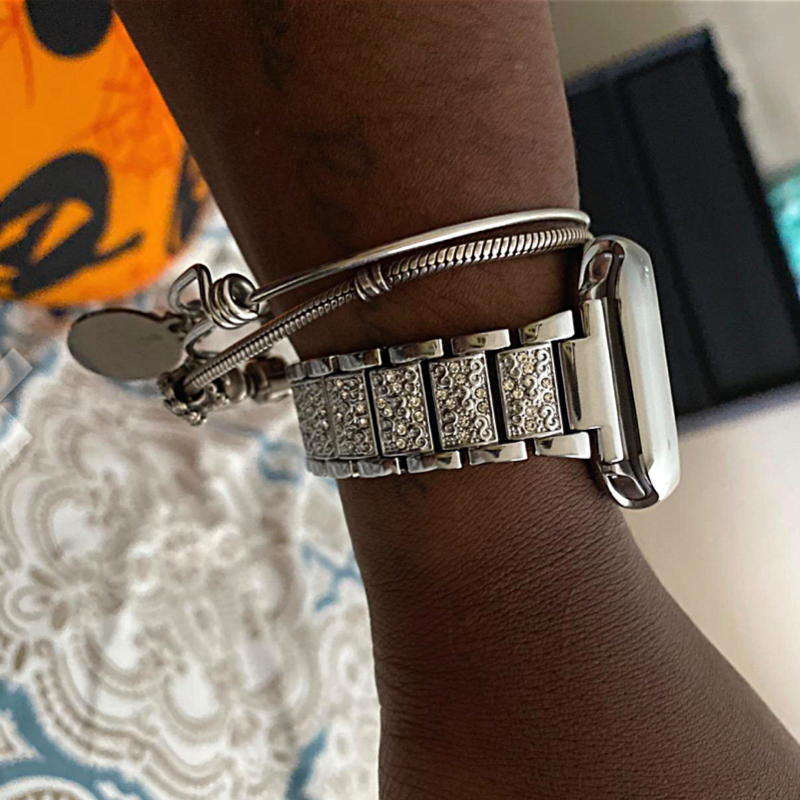 Closeup of Model’s Wrist, Wearing an Apple Watch with Silver Vintage Style Diamond Link Bracelet Band.