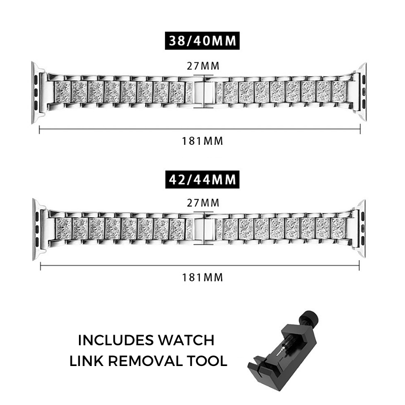 Size Guide for Vintage Style Diamond Link Bracelet Apple Watch Band and Included Watch Link Removal Tool.