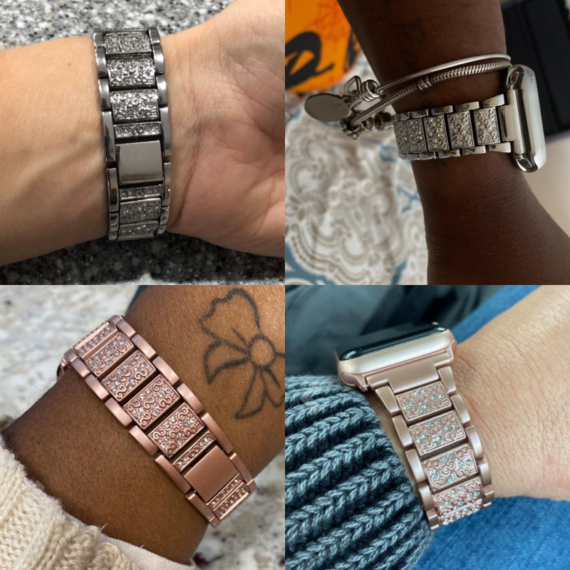 Collage of Four Closeup Views of Models’ Wrists, Each Wearing an Apple Watch with a Vintage Style Diamond Link Bracelet Band.