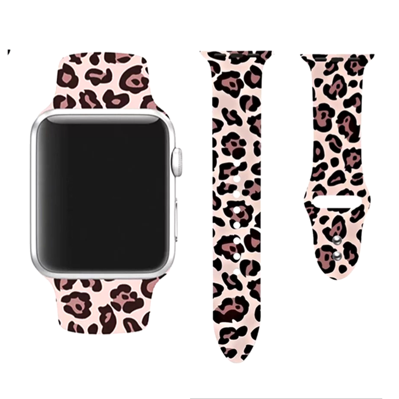 Wildcat Print Silicone Sport Band for Apple Watch, Jaguar Print - Front and Flat Views.