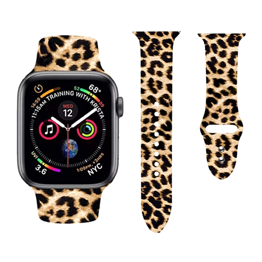 Wildcat Print Silicone Sport Band for Apple Watch, Leopard Print - Front and Flat Views.