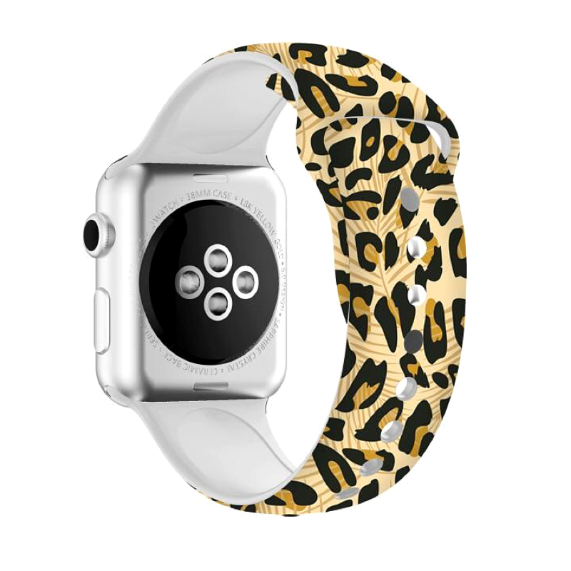 Wildcat Print Silicone Sport Band for Apple Watch, Leopard and Leaves Print - Back View.