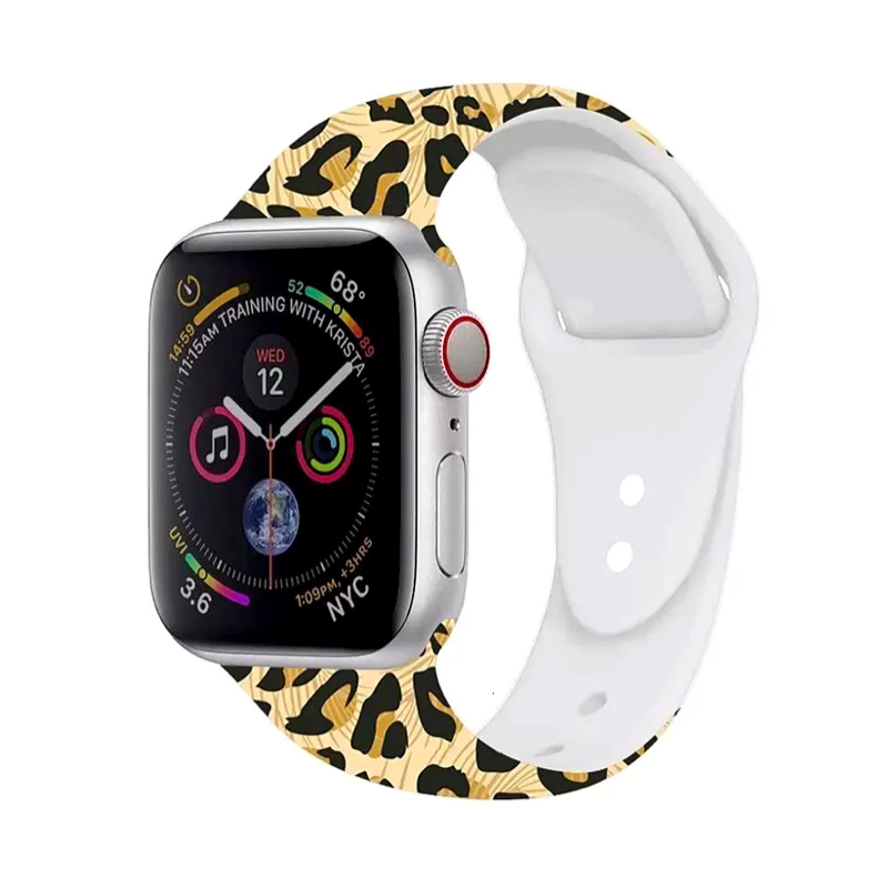 Wildcat Print Silicone Sport Band for Apple Watch, Leopard and Leaves Print.