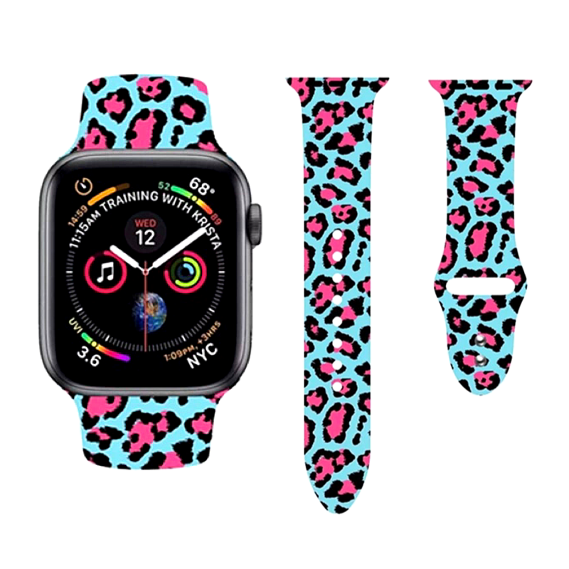 Wildcat Print Silicone Sport Band for Apple Watch, Retro Leopard Print - Front and Flat Views.