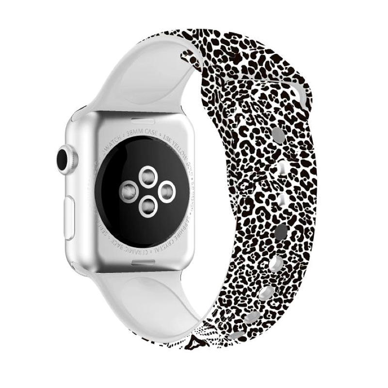 Wildcat Print Silicone Sport Band for Apple Watch, White Jaguar Print - Back View.