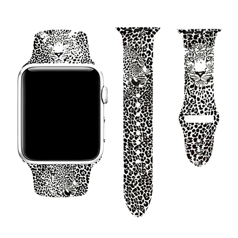 Wildcat Print Silicone Sport Band for Apple Watch, White Jaguar Print - Front and Flat Views.