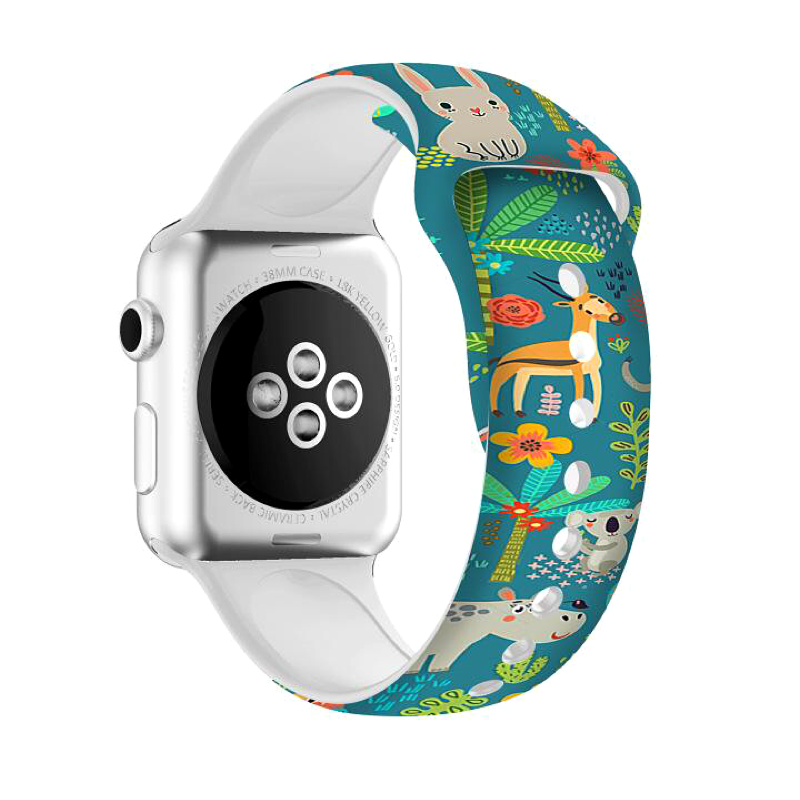 Animal Friends Silicone Sport Apple Watch Band, Jungle Buddies Print - Various Jungle Animals on Teal Background - Back View.