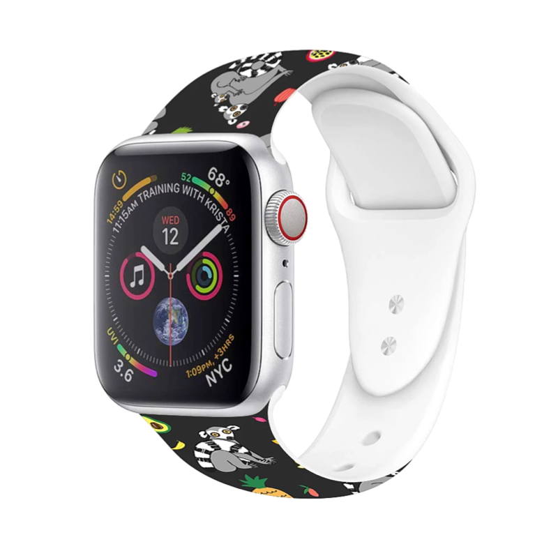 Animal Friends Silicone Sport Apple Watch Band, Lemur Print - Lemurs and Colorful Fruits on Black Background.