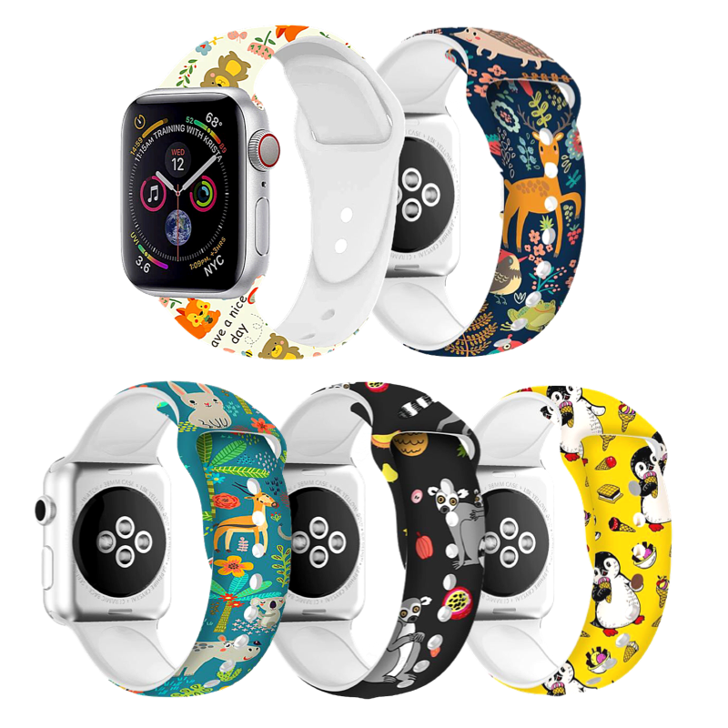 Group of Animal Friends Silicone Sport Replacement Apple Watch Bands in Various Styles. 