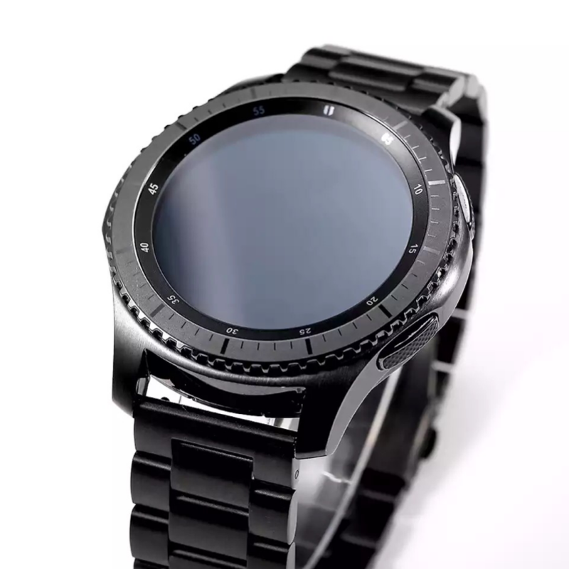 Closeup of a Samsung Gear S3 Frontier with a Black Classic Link Universal Watch Band on Display.