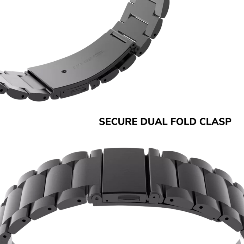 Closeup of a Classic Link Universal Watch Band, Showing the Secure Dual Fold Clasp Closure.