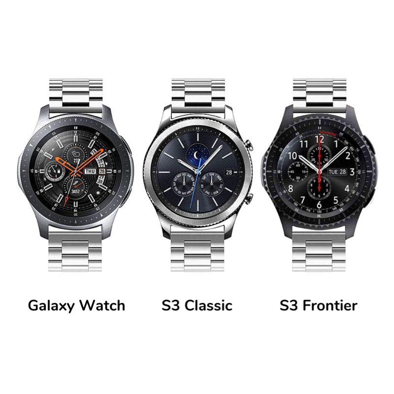 Closeup of a Samsung Galaxy Watch, Gear S3 Classic, and Gear S3 Frontier, All with Silver Classic Link Universal Watch Bands.
