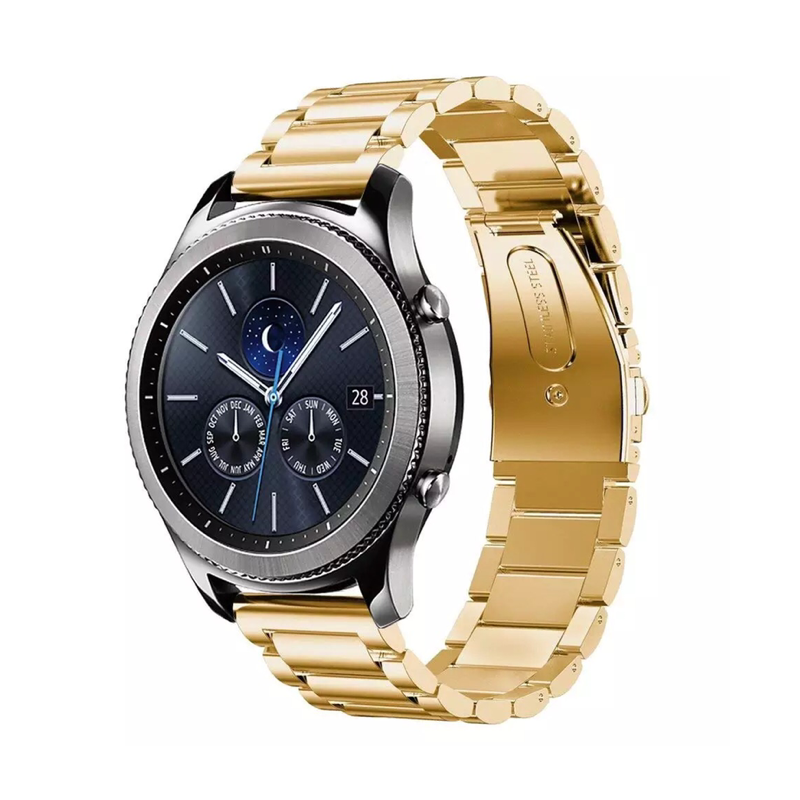 Samsung Gear S3 Classic Watch with a Gold Classic Link Universal Watch Band.