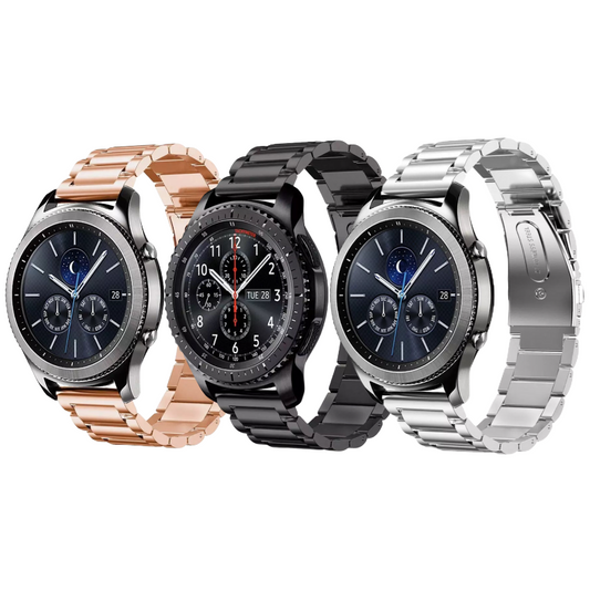 Group of Samsung Gear S3 Frontier and Classic Watches, with Rose Gold, Silver, and Black Classic Link Universal Watch Bands.