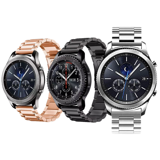Samsung Smartwatches with Rose Gold, Silver, and Black Classic Link Universal Watch Bands. 