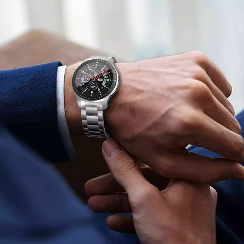 Closeup of Model's Wrist, Wearing a Samsung Galaxy Watch with a Silver Classic Link Universal Watch Band.