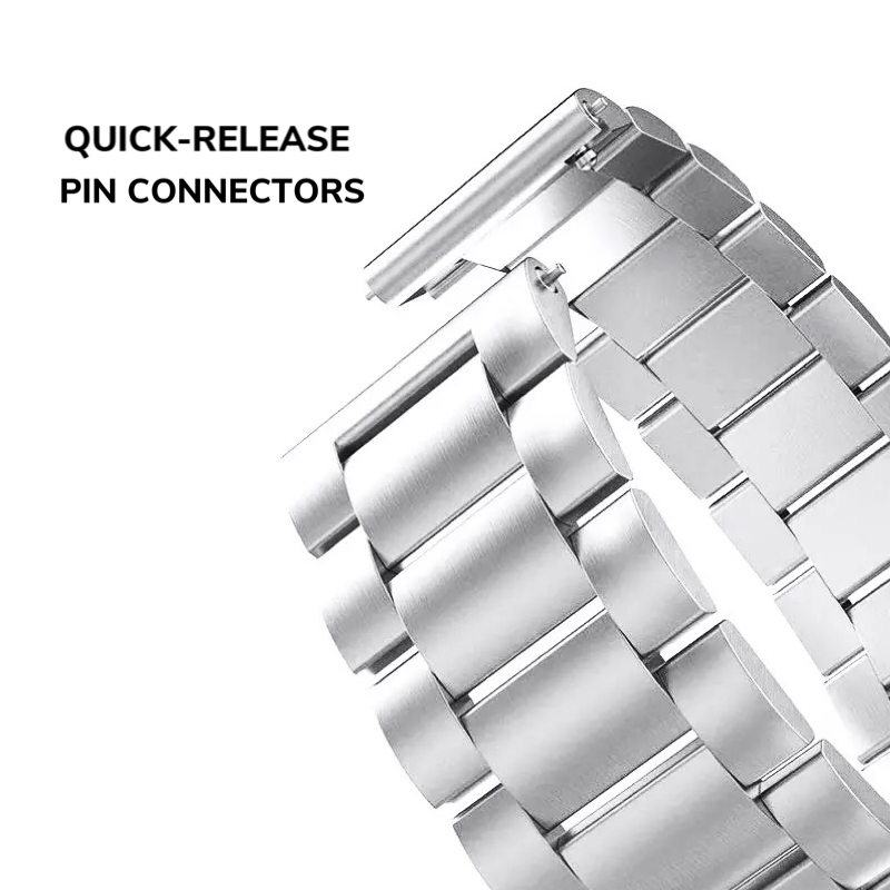 Closeup of Quick Release Spring Pin Connectors on a Silver Classic Link Universal Watch Band.