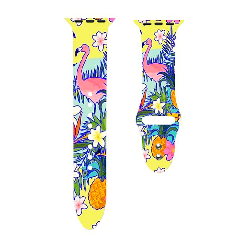 Colorful Tropical Flamingo Pineapple Silicone Sport Replacement Band for Apple Watch - Flat View.