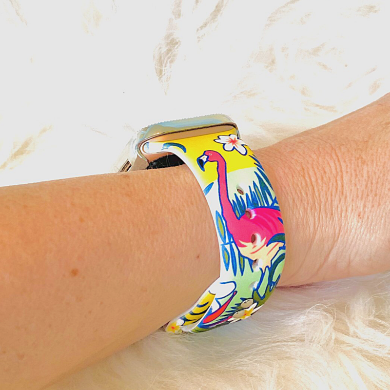 Closeup of Model’s Wrist, Wearing a Colorful Tropical Flamingo Pineapple Silicone Sport Band with Apple Watch.