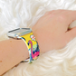 Another Closeup of Model’s Wrist, Wearing a Colorful Tropical Flamingo Pineapple Silicone Sport Apple Watch Band.