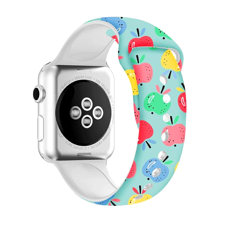 Fun Prints Silicone Sport Band for Apple Watch, Multicolored Apples on Aqua Blue Green Background - Back View.
